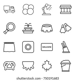 thin line icon set : truck, atom core, table lamp, market, magnifier, fountain, stadium, flippers, curtain, ring button, welcome mat, knife holder, pretzel, udder, maple leaf, foam bucket