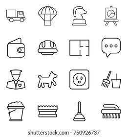 thin line icon set : truck, parachute, chess horse, presentation, wallet, building helmet, plan, sms, security man, dog, power socket, bucket and broom, foam, sponge, plunger, brush