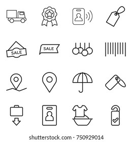 thin line icon set : truck, medal, pass card, label, sale, bar code, geo pin, dry cargo, baggage get, identity, handle washing, please clean