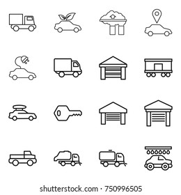 thin line icon set : truck, eco car, factory filter, pointer, electric, delivery, garage, railroad shipping, baggage, key, pickup, trash, sweeper, wash