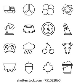 thin line icon set : truck, diagram, atom core, table lamp, stadium, watch, knife holder, pretzel, rain cloud, cherry, cow, udder, acorn, maple leaf, foam bucket