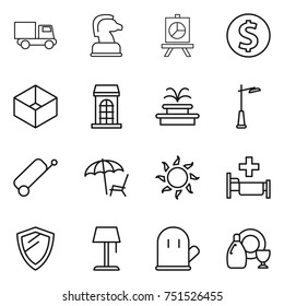 thin line icon set : truck, chess horse, presentation, dollar coin, box, building, fountain, outdoor light, suitcase, lounger, sun, hospital, shield, floor lamp, cook glove, dish cleanser