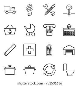 thin line icon set : truck, bulb, pencil wrench, laser, add to basket, baby stroller, column, university, ruler, first aid, remote control, garage, pan, reload, toilet