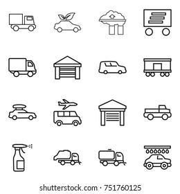 thin line icon set : truck, eco car, factory filter, delivery, garage, shipping, railroad, baggage, transfer, pickup, sprayer, trash, sweeper, wash thin line icon set : truck, eco car, factory filter, delivery, garage, shipping, railroad, baggage, transfer, pickup, sprayer, trash, sweeper, wash