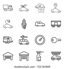 thin line icon set : truck, eco car, factory filter, pointer, electric, spark plug, shipping, railroad, trailer, transfer, barometer, key, garage, sprayer, wash