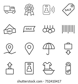 thin line icon set : truck, medal, pass card, sale label, bar code, geo pin, dry cargo, baggage get, identity, handle washing, please clean