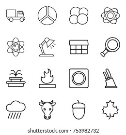 thin line icon set : truck, diagram, atom core, table lamp, market, magnifier, fountain, flammable, ring button, knife holder, rain cloud, cow, acorn, maple leaf