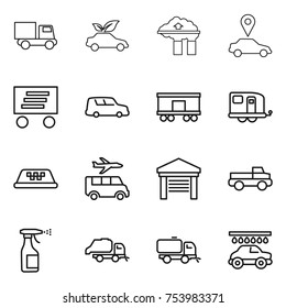 thin line icon set : truck, eco car, factory filter, pointer, delivery, shipping, railroad, trailer, taxi, transfer, garage, pickup, sprayer, trash, sweeper, wash