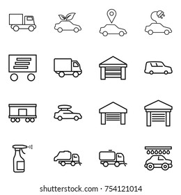 thin line icon set : truck, eco car, pointer, electric, delivery, garage, shipping, railroad, baggage, sprayer, trash, sweeper, wash