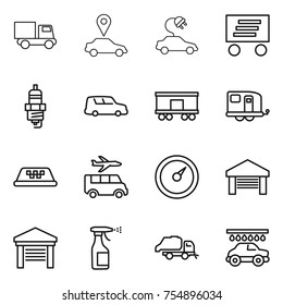 thin line icon set : truck, car pointer, electric, delivery, spark plug, shipping, railroad, trailer, taxi, transfer, barometer, garage, sprayer, trash, wash