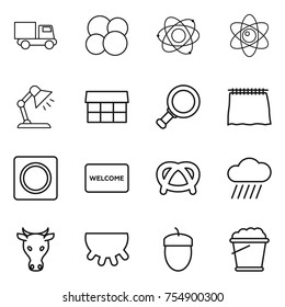 thin line icon set : truck, atom core, table lamp, market, magnifier, curtain, ring button, welcome mat, pretzel, rain cloud, cow, udder, acorn, foam bucket