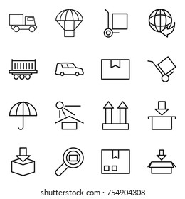 thin line icon set : truck, parachute, cargo stoller, delivery, shipping, car, package box, trolley, dry, sun potection, top sign, search