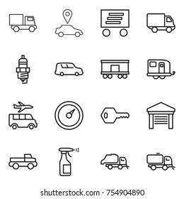 thin line icon set : truck, car pointer, delivery, spark plug, shipping, railroad, trailer, transfer, barometer, key, garage, pickup, sprayer, trash, sweeper