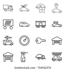 thin line icon set : truck, eco car, factory filter, pointer, delivery, shipping, railroad, baggage, transfer, barometer, key, garage, sprayer, trash, wash