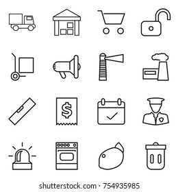thin line icon set : truck, warehouse, cart, unlock, cargo stoller, megafon, lighthouse, factory, level, tax, terms, security man, alarm, oven, lemon, trash bin