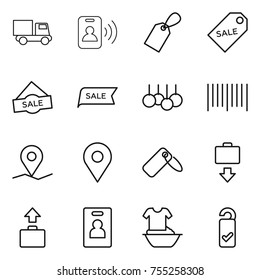 thin line icon set : truck, pass card, label, sale, bar code, geo pin, baggage get, identity, handle washing, please clean