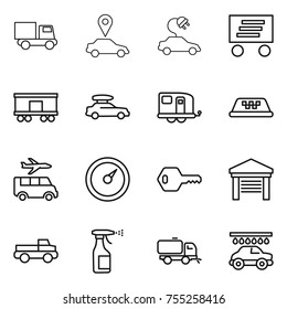 thin line icon set : truck, car pointer, electric, delivery, railroad shipping, baggage, trailer, taxi, transfer, barometer, key, garage, pickup, sprayer, sweeper, wash