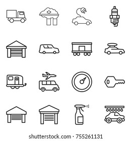 thin line icon set : truck, factory filter, electric car, spark plug, garage, shipping, railroad, baggage, trailer, transfer, barometer, key, sprayer, wash