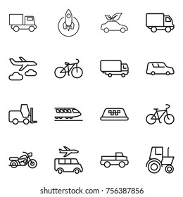 Thin line icon set : truck, rocket, eco car, delivery, journey, bike, shipping, fork loader, train, taxi, motorcycle, transfer, pickup, tractor