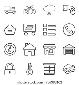 Thin line icon set : truck, bio, cloud wireless, hand coin, remove from basket, delivery, list, phone, info, home, shop, garage, lock, thermometer, chest of drawers, sponge with foam