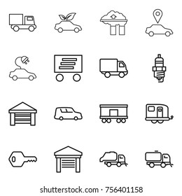 Thin line icon set : truck, eco car, factory filter, pointer, electric, delivery, spark plug, garage, shipping, railroad, trailer, key, trash, sweeper