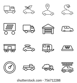 thin line icon set : truck, eco car, pointer, electric, delivery, garage, shipping, railroad, baggage, trailer, taxi, barometer, pickup, trash, wash