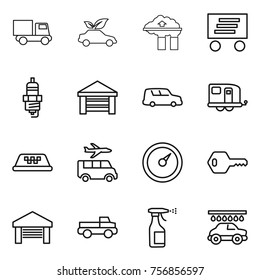 Thin line icon set : truck, eco car, factory filter, delivery, spark plug, garage, shipping, trailer, taxi, transfer, barometer, key, pickup, sprayer, wash