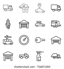 Thin line icon set : truck, factory filter, car pointer, delivery, spark plug, garage, baggage, trailer, transfer, barometer, key, pickup, sprayer, trash