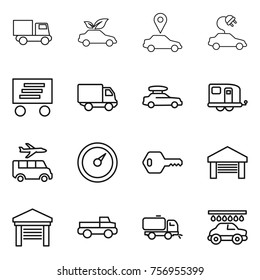 Thin line icon set : truck, eco car, pointer, electric, delivery, baggage, trailer, transfer, barometer, key, garage, pickup, sweeper, wash