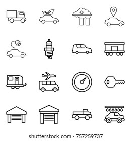 Thin line icon set : truck, eco car, factory filter, pointer, electric, spark plug, shipping, railroad, trailer, transfer, barometer, key, garage, pickup, wash