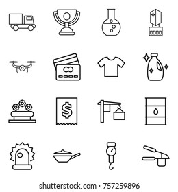 Thin line icon set : truck, trophy, round flask, crystall memory, drone, credit card, t shirt, cleanser, flower bed, tax, loading, barrel, alarm, pan, handle scales, garlic clasp
