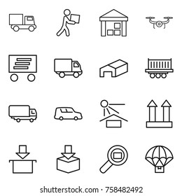 Thin line icon set : truck, courier, warehouse, drone, delivery, shipping, car, sun potection, cargo top sign, package, search, parachute