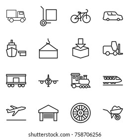 Thin line icon set : truck, cargo stoller, bike, car shipping, port, loading crane, package, fork loader, railroad, plane, train, departure, garage, wheel, wheelbarrow