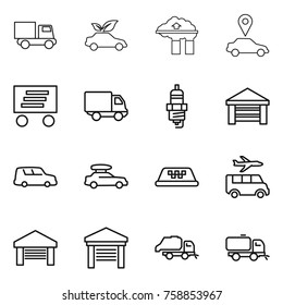 Thin line icon set : truck, eco car, factory filter, pointer, delivery, spark plug, garage, shipping, baggage, taxi, transfer, trash, sweeper