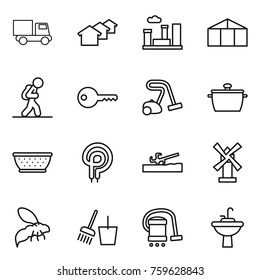 Thin line icon set : truck, houses, city, greenhouse, tourist, key, vacuum cleaner, pan, colander, elecric oven, soil cutter, windmill, wasp, bucket and broom, water tap sink