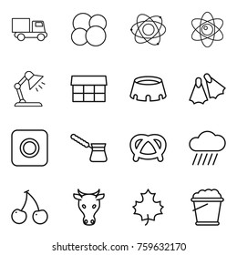 Thin line icon set : truck, atom core, table lamp, market, stadium, flippers, ring button, turk, pretzel, rain cloud, cherry, cow, maple leaf, foam bucket
