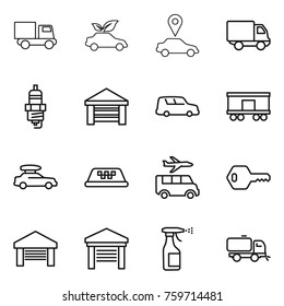 Thin line icon set : truck, eco car, pointer, delivery, spark plug, garage, shipping, railroad, baggage, taxi, transfer, key, sprayer, sweeper