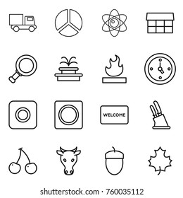 Thin line icon set : truck, diagram, atom, market, magnifier, fountain, flammable, watch, ring button, welcome mat, knife holder, cherry, cow, acorn, maple leaf