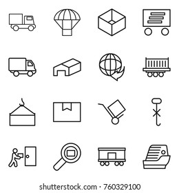 Thin line icon set : truck, parachute, box, delivery, warehouse, shipping, loading crane, package, trolley, do not hook sign, courier, cargo search, railroad, cruise ship