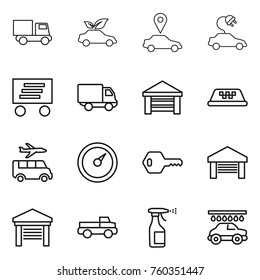 Thin line icon set : truck, eco car, pointer, electric, delivery, garage, taxi, transfer, barometer, key, pickup, sprayer, wash