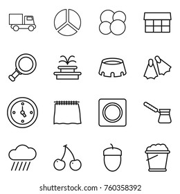 Thin line icon set : truck, diagram, atom core, market, magnifier, fountain, stadium, flippers, watch, curtain, ring button, turk, rain cloud, cherry, acorn, foam bucket