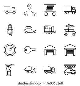 Thin line icon set : truck, car pointer, delivery, spark plug, baggage, trailer, transfer, barometer, key, garage, sprayer, trash, sweeper, wash