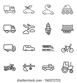 Thin line icon set : truck, eco car, electric, lunar rover, delivery, journey, spark plug, shipping, train, bike, motorcycle, plow, pickup, tractor