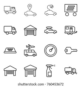 Thin line icon set : truck, car pointer, electric, delivery, garage, baggage, trailer, taxi, transfer, barometer, key, sprayer, sweeper