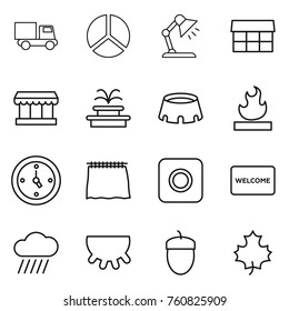 Thin line icon set : truck, diagram, table lamp, market, fountain, stadium, flammable, watch, curtain, ring button, welcome mat, rain cloud, udder, acorn, maple leaf