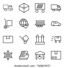 Thin line icon set : truck, box, delivery, cargo stoller, shipping, car, package, trolley, top sign, fast deliver, handwheel, cruise ship, warehouse