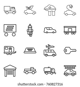 Thin line icon set : truck, eco car, factory filter, electric, delivery, spark plug, shipping, railroad, trailer, taxi, transfer, key, garage, pickup, sweeper, wash