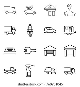 Thin line icon set : truck, eco car, factory filter, pointer, delivery, spark plug, shipping, trailer, taxi, key, garage, pickup, sprayer, trash, sweeper