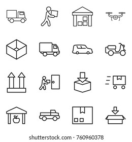 Thin line icon set : truck, courier, warehouse, drone, box, delivery, car shipping, scooter, cargo top sign, package, fast deliver, pickup