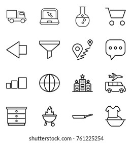 Thin line icon set : truck, notebook, round flask, cart, left arrow, funnel, route, sms, sorting, globe, hotel, transfer, chest of drawers, bbq, pan, handle washing